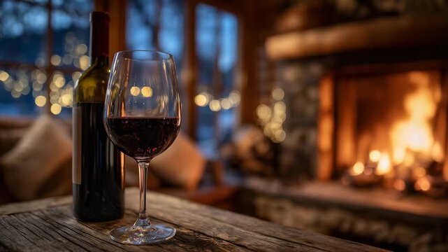 339Red wine glass and bottle on wooden table, fireplace flames flickering in background, cozy cabin with soft winter light reflecting off wood surfaces