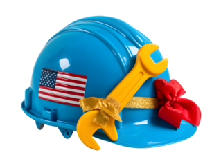 Blue hard hat with american flag and tools