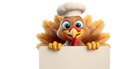 Cute cartoon turkey chef holding a blank sign for thanksgiving