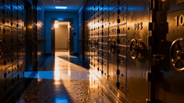 A mysterious bank vault hallway with numbered deposit boxes, where the floor reflects light at the end, evoking secrecy, security, and wealth, perfect for day of banks