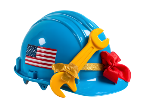 Blue hard hat with american flag and tools