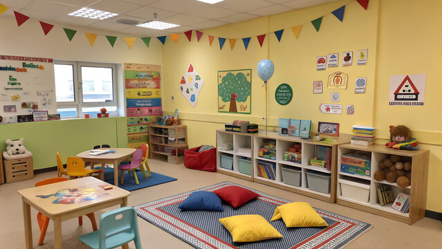 Bright and colorful interior of an empty preschool or kindergarten classroom for early childhood education.