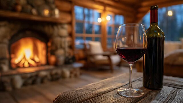 347Rustic wooden table with bottle and glass of red wine, warm firelight from stone fireplace illuminating cozy cabin interior, inviting winter relaxation