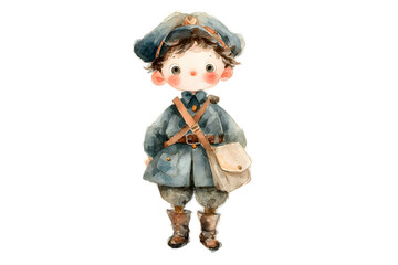Vintage style boy doll with satchel and hat