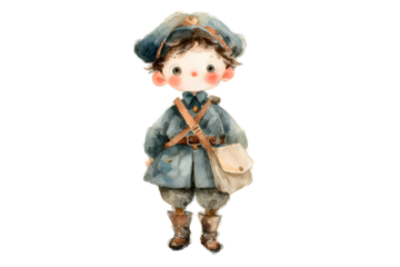 Vintage style boy doll with satchel and hat