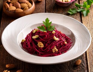 spiralized beetroot noodles with fresh parsley walnuts and sliced almonds served on white plate over rustic wooden table