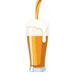 Golden beer being poured into a tall pilsner glass, creating a large, frothy white foam head that overflows down the side.