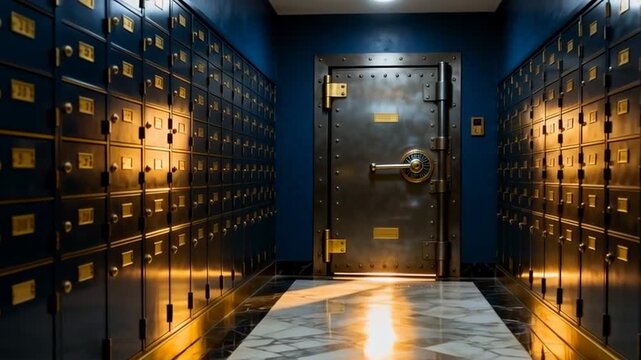 A mysterious hallway of a bank vault featuring numbered safe boxes and a reflective wet floor, evoking themes of protection, privacy, and riches, perfect for day of banks