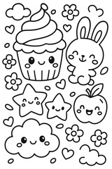 Cartoon vector icon set of cute cakes, sweets, and cupcakes
