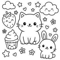 A cute cartoon animal set illustration featuring a funny cat 