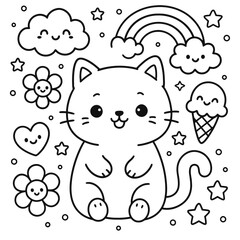 Fun and cute vector illustration of a seamless pattern featuring cartoon baby animals like a cat and a pig on a coloring alphabet for kids design