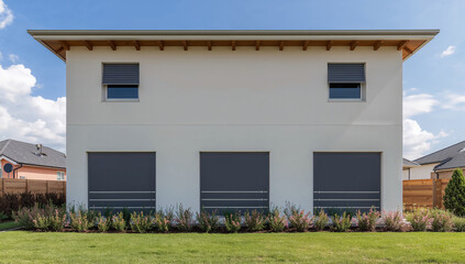Modern white house with gray shutters and a manicured lawn under a blue sky