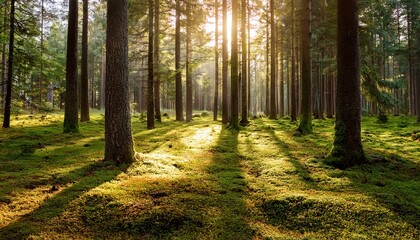 Obraz premium moss covered forest floor with towering pine trees bathed in soft morning light