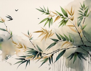 Fototapeta premium aquarel ink painting of flying bamboo leaves minimalist oriental brushwork light background generative ai