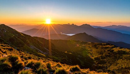 Majestic landscape at sunrise, with golden rays radiating from the sun, illuminating the mountain ranges and lush greenery
