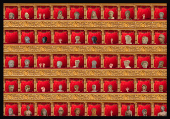 DREAM N°37 – The theatre of faces, surreal audience in red seats watching invisible stories