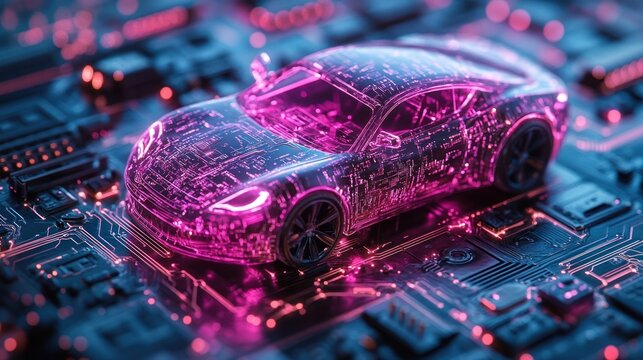 Futuristic car on circuit board, glowing pink