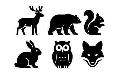 Silhouette wildlife icons: deer, bear, squirrel, rabbit, owl, fox