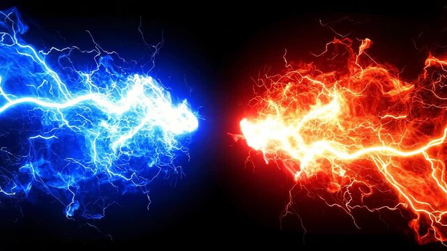 Abstract electric discharge with blue and red lightning arcs against a dark background, energy sparks and electrical effect