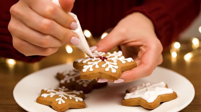 Close-up of a baker's hands meticulously creating a beautiful snowflake design on a homemade Christmas gingerbread cookie