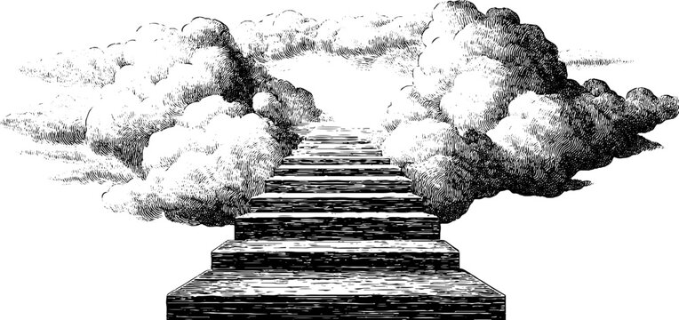 Surreal stairway to cloud void - minimalistic engraving design for imagination and inspiration