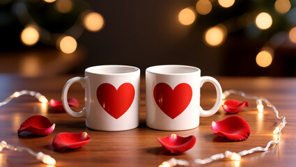 Fototapeta premium Romantic Mugs with Hearts, Rose Petals, and Fairy Lights