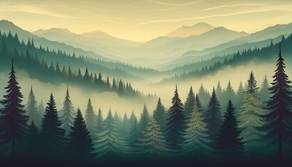 misty landscape with fir forest in vintage retro style generative ai