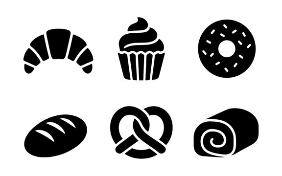 Bakery favorites in simple black icons: croissant, cupcake, donut, bread, pretzel, swiss roll