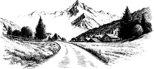 Obraz premium Vintage landscape with mountain and pathway in retro engraving style