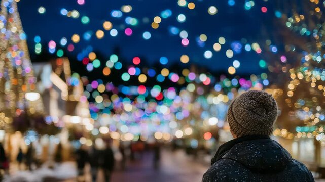 Close-up perspective of man walking past colorful holiday lights, blurred festive crowd behind, decorated trees and garlands filling street with warmth