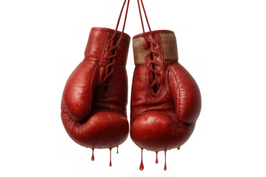 Pair of aged red boxing gloves dripping blood, symbolizing defeat, intense sport, aggression, and retirement from fighting