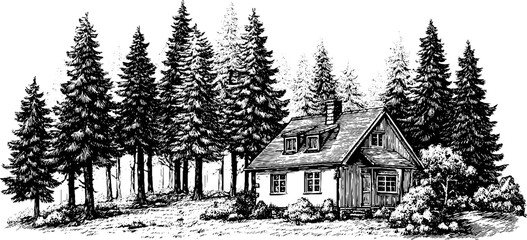 Rustic forest house surrounded by pines in vintage engraving style for retro design