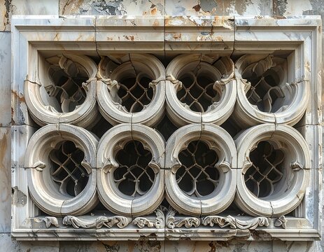Ornate architectural detail featuring eight circular openings with intricate grilles set within a rectangular frame of patterned stone. Decorative elements are visible