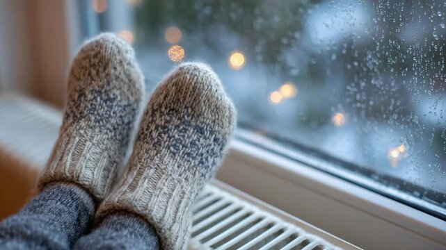 Cozy feet wrapped in thick wool socks warming on radiator, icy windowpane in background showing faint snowflakes, indoor sanctuary feel