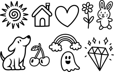Collection of cute doodle icons including sun house heart and animals