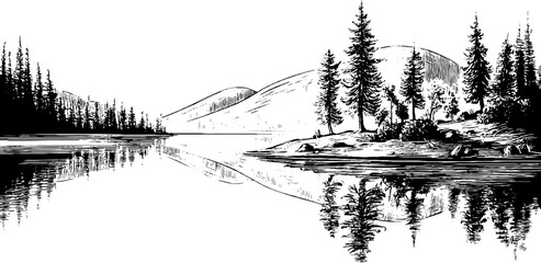Tranquil lake reflection with trees and hills in vintage engraving style for nature design