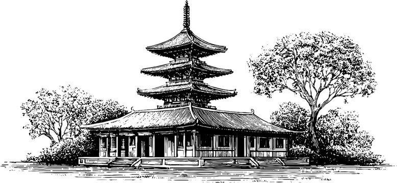 Vintage japanese pagoda with tiered roof in engraving style for cultural design projects
