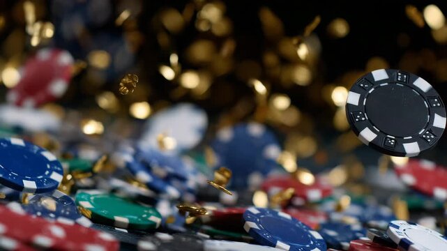 Dynamic composition of poker chips mid-air, golden sparks and bokeh lights in background, dark casino ambiance, empty space for overlay text