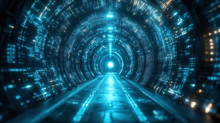 Futuristic tunnel, glowing with data streams, leading to bright center