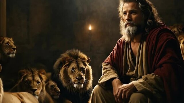Daniel thrown into the lions den. Biblical story concept.