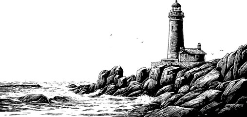 Fototapeta premium Vintage lighthouse on rocky shore with waves in classic engraving style