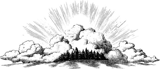 Vintage burst pattern with dense engraved rays and cloud silhouette illustration for retro designs