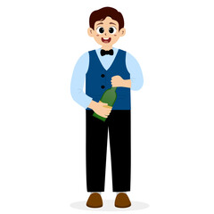 Friendly waiter holding a towel wrapped around his arm, Restaurant Waiter Male Character. waiter opening a bottle of drink, wine, serving customers, Cartoon Person Vector Illustration