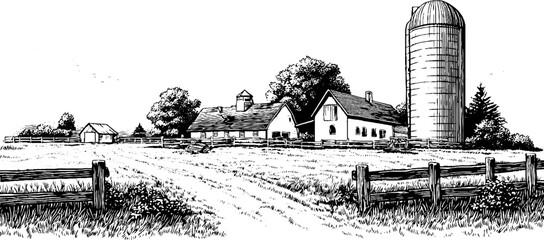 Obraz premium Vintage rural farm scene with silo and fencing in engraving style for rustic design