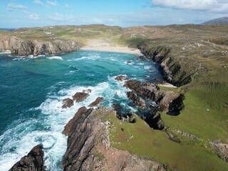 Drone View of Mangersta sea stacks on the Isle of Lewis in the outer Hebrides Scotland