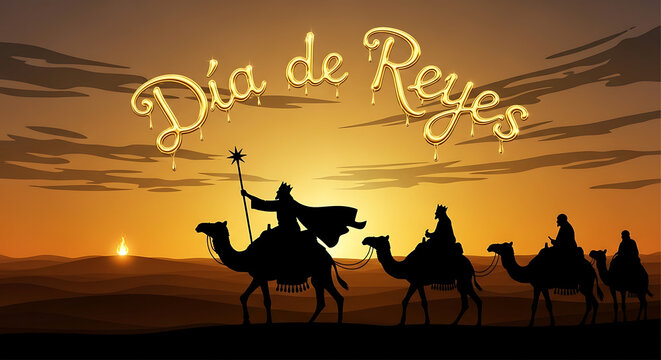 Celebrate da de reyes with this stunning silhouette of the three wise men riding camels, set against a vibrant sunset landscape