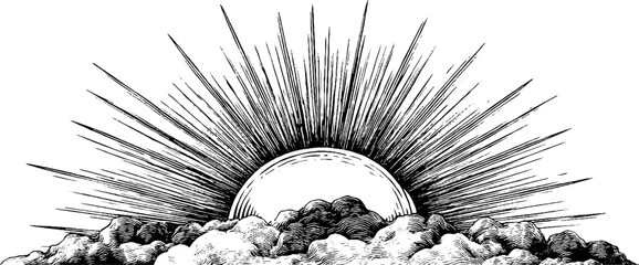 Vintage sunburst rays with clouds in engraving style for retro design
