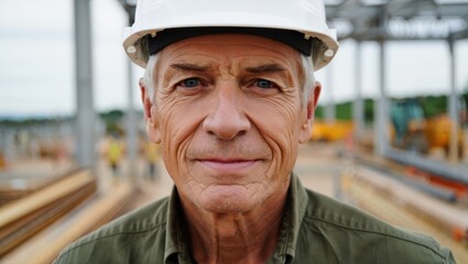 Senior man wearing a hard hat, showcasing experience and confidence on a construction site