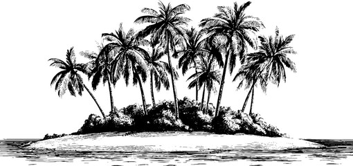 Tropical island with palm trees and shoreline vintage engraving design for posters and prints