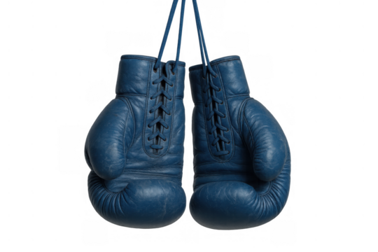 Blue vintage leather boxing gloves hanging representing combat sport, fighting, power, training, and competition on transparent background